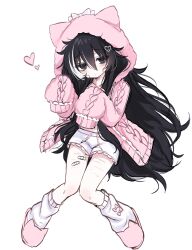  1girl :< animal_hood animal_slippers bags_under_eyes bandaid_on_thigh black_eyes black_hair cat_hood cat_slippers closed_mouth dot_nose full_body gloomy_vt hair_ornament heart heart_hair_ornament highres hood hood_up jacket knees_together_feet_apart leg_warmers light_blush light_frown long_hair long_sleeves looking_at_viewer messy_hair multicolored_hair open_clothes open_jacket original paw_pose pink_jacket pink_slippers scar short_shorts shorts sidelocks simple_background sleeves_past_fingers sleeves_past_wrists slippers solo streaked_hair very_long_hair white_background white_hair white_leg_warmers white_shorts 
