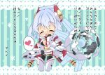  1girl ^_^ ahoge breasts chibi closed_eyes comic hair_ornament hair_rings holding matoi_(pso2) milkpanda navel phantasy_star phantasy_star_online_2 silver_hair smile solo staff translation_request twintails 