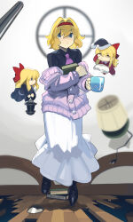  1girl alice_margatroid black_collar black_shirt black_shoes blonde_hair blue_eyes boa_(brianoa) book book_stack bow buttons chibi closed_eyes closed_mouth collar collared_shirt cup english_commentary floating floor hairband hat highres holding holding_book holding_cup holding_lantern lamp lantern layered_clothes layered_sleeves long_skirt mug necktie nightcap pillow pink_necktie pink_sweater red_bow red_hairband ribbed_sweater shanghai_doll shirt shoes short_hair skirt sleepy steam sweater touhou twitter_username white_skirt 