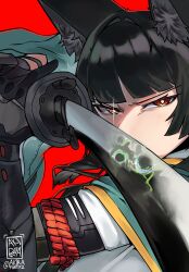  1girl akiraforty2 animal_ear_fluff animal_ears aqua_jacket artist_name black_hair covered_mouth ethereal_(zenless_zone_zero) fingerless_gloves fox_ears fox_girl gauntlets gloves half-closed_eyes hashtag-only_commentary highres holding holding_sword holding_weapon hoshimi_miyabi jacket katana long_hair looking_to_the_side portrait red_background red_eyes reflection shirt single_fingerless_glove single_gauntlet solo sword twitter_username weapon white_shirt zenless_zone_zero 