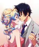  1boy 1girl alternate_hairstyle couple eye_contact flower formal gloves hair_flower hair_ornament hetero holding_hands husband_and_wife jewelry looking_at_another multicolored_hair necktie nia_teppelin peco19peco ring simon smile tengen_toppa_gurren_lagann two-tone_hair 