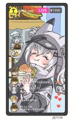  2girls animal_ears aoi_kili bandaged_head bandages burger cat_ears cellphone chef_hat closed_eyes closed_mouth croquette double_bun eating fast_food food food_wrapper goddess_of_victory:_nikke grey_hair hair_between_eyes hair_bun hair_ornament hat highres holding holding_food jacket lettuce long_hair modernia_(nikke) multiple_girls n102_(nikke) phone smartphone smile twintails 