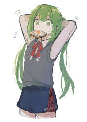  1girl blush bread bread_slice commentary egg egg_(food) food food_in_mouth fried_egg fried_egg_on_toast gloves green_eyes green_hair highres holding kumugi_(madan_no_ichi) long_hair long_sleeves madan_no_ichi mouth_hold open_mouth ribbon shirt simple_background skirt solo sweatdrop sweater symbol-only_commentary toast toast_in_mouth tsukuno twintails white_background witch 