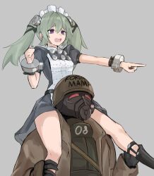  1boy 1girl absurdres apron armor arms_around_neck black_dress carrying carrying_person corin_wickes dress fallout fallout:_new_vegas gas_mask green_hair hair_between_eyes helmet highres holding long_hair looking_at_viewer maid maid_headdress mask ncr_veteran_ranger open_mouth piggyback piranha_(piranha_arts) puffy_sleeves screw_hair_ornament short_sleeves twintails violet_eyes weapon zenless_zone_zero 