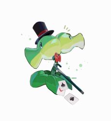  ace_(playing_card) ace_of_clubs ace_of_hearts ace_of_spades black_eyes black_hat bow bowtie cane card circle club_(shape) commentary from_side full_body halftone hat heart highres hightguy leaf no_humans notice_lines plant plant_focus plants_vs._zombies playing_card profile red_bow red_bowtie simple_background solid_oval_eyes solo spade_(shape) split_pea_(plants_vs._zombies) symbol-only_commentary top_hat traditional_bowtie white_background 