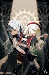  2girls absurdres ascot bang_dream! bang_dream!_it's_mygo!!!!! black_capelet black_ribbon black_skirt blue_hair capelet closed_eyes closed_mouth commentary doumucchi earrings expressionless green_hair hair_ribbon hashtag-only_commentary hat highres holding_hands hug hug_from_behind jewelry kiss kissing_hand long_hair mortis_(bang_dream!) mortis_(costume)_(bang_dream!) multiple_girls oblivionis_(bang_dream!) puppet_strings red_hat red_shirt red_shorts ribbon shirt shorts skirt togawa_sakiko two_side_up wakaba_mutsumi white_ascot yellow_eyes yuri 