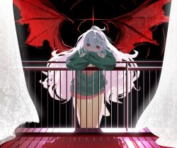  1girl against_railing balcony bare_legs bat_wings curtains demon_wings highres long_hair long_sleeves nijisanji open_mouth oversized_clothes oversized_wings pale_skin railing red_eyes red_wings sanya_(kuzuha) shiwa2_ko solo virtual_youtuber white_hair wings 