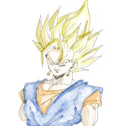  1boy 1rasutotoukou absurdres blonde_hair blue_shirt dragon_ball dragon_ball_z earrings green_eyes highres jewelry looking_at_viewer male_focus medium_hair muscular muscular_male orange_shirt potara_earrings shirt simple_background smirk solo spiky_hair super_saiyan super_saiyan_1 upper_body vegetto white_background 