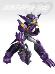  1boy armor black_bodysuit bodysuit full_body green_eyes helmet highres holding holding_weapon kamen_rider kamen_rider_ooo kamen_rider_ooo_(putotyra_combo) kamen_rider_ooo_(series) male_focus ooo_driver penpenhuihui purple_armor purple_helmet solo tokusatsu weapon 
