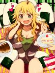  1girl ahoge blonde_hair blush breasts cake chocolate_cornet cleavage drooling food green_eyes hand_on_own_face heart heart-shaped_pupils highres hoshii_miki idolmaster long_hair mmyk81 onigiri open_mouth sitting solo sparkle symbol-shaped_pupils 