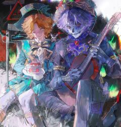  2boys absurdres aqua_jacket ascot black_bow black_bowtie bow bowtie facepaint frilled_ascot frilled_shirt_collar frills gloves gold_trim guitar hair_intakes hat highres identity_v instrument jacket looking_at_viewer male_focus mike_morton mike_morton_(tea_party) multiple_boys norton_campbell norton_campbell_(soul_catcher) official_alternate_costume one_eye_closed orange_hair pants pantyhose puffy_sleeves purple_ascot purple_gloves purple_hair purple_pants red_eyes sidelighting sitting top_hat white_pantyhose wing_hat_ornament xiaomianduoshao yellow_eyes 