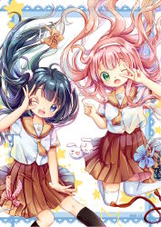  2girls ;d ahoge black_hair black_socks blue_eyes breasts brown_necktie brown_sailor_collar brown_skirt buji buttons charm_(object) commentary_request dated floating_hair green_eyes hair_ornament hair_scrunchie hairband highres jumping kneehighs long_hair multiple_girls necktie ok_sign ok_sign_over_eye one_eye_closed open_mouth original pink_hair pleated_skirt sailor_collar school_uniform scrunchie serafuku shirt short_necktie short_sleeves skirt small_breasts smile socks thigh-highs v v_over_eye white_background white_hairband white_shirt white_thighhighs 