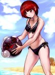  1girl ball beach beachball bikini black_bikini blush brown_eyes dangan_ronpa evisu expressionless freckles front-tie_bikini front-tie_top koizumi_mahiru monokuma ocean polka_dot redhead short_hair side-tie_bikini sky super_dangan_ronpa_2 swimsuit wading 