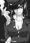  1girl akitsu_maru_(kantai_collection) breast_hold breasts bust cigarette cleavage collarbone dated gloves greyscale kantai_collection kirisaki_akihito large_breasts looking_at_viewer military monochrome short_hair signature smile solo white_gloves 