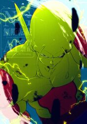  1boy antennae bald colored_skin cowboy_shot dragon_ball dragon_ball_z electricity green_skin highres muscular muscular_male no_eyebrows piccolo pointy_ears solo stktik09060906 topless_male watermark 