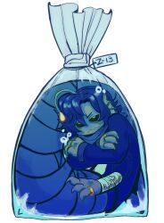  1boy anglerfish_boy bag bagged_fish crossed_arms extra_arms fins fish fish_boy frann-avi frown furrowed_brow head_fins highres illicium monster_boy plastic_bag pout pressure_(roblox) roblox sebastian_solace solo white_background 