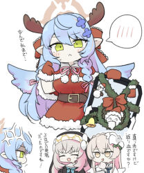  3girls :< :d ^_^ anger_vein antlers black_dress blue_archive blue_hair blush_stickers braid brown_eyes brown_hair capelet closed_eyes closed_mouth crown_braid doodle_sensei_(blue_archive) dress fake_antlers flower fur-trimmed_capelet fur-trimmed_dress fur-trimmed_gloves fur-trimmed_headwear fur_trim gloves green_eyes hair_between_eyes hair_flower hair_ornament halo hat horns long_hair mine_(blue_archive) miranofuudoria multicolored_hair multiple_girls nagisa_(blue_archive) nun purple_hair red_capelet red_dress red_gloves red_hat reindeer_antlers sakurako_(blue_archive) santa_costume santa_hat sensei_(blue_archive) shaded_face simple_background small_sweatdrop smile spoken_blush streaked_hair sweat translation_request trembling two-tone_hair veil very_long_hair white_background white_dress white_flower 