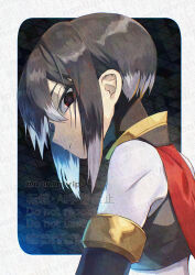  1boy armor black_armor black_background black_eyes black_hair border hidden_phantom_(mega_man) looking_at_viewer mega_man_(series) mega_man_zero_(series) multicolored_hair no_headwear red_scarf scarf short_hair simple_background solo streaked_hair twitter_username two-tone_hair upper_body watermark white_border white_hair yamanashi_taiki 