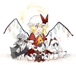  1girl armor ascot blonde_hair breastplate cat closed_eyes closed_mouth collared_shirt commentary crossover crt599 crystal crystal_wings cup english_commentary felyne flandre_scarlet hat helmet highres holding holding_cup knife mob_cap monster_hunter_(series) multicolored_wings open_mouth petting player_palico red_eyes red_shirt red_skirt shield shirt sitting skirt skirt_set smile teacup touhou unworn_hat unworn_headwear weapon weapon_on_back white_hat wings yellow_ascot 