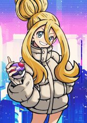  1girl batchgooya blonde_hair blue_eyes coat cowboy_shot fingerless_gloves gloves hair_between_eyes hair_bun hand_in_pocket highres holding holding_poke_ball korrina_(pokemon) long_bangs long_sleeves looking_at_viewer master_ball poke_ball pokemon pokemon_legends:_z-a smile solo teeth white_coat white_gloves 