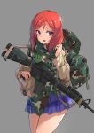  1girl alternate_costume assault_rifle backpack bag blue_skirt blush camouflage cowboy_shot grey_background gun load_bearing_vest love_live!_school_idol_project m16a2 nightmaremk2 nishikino_maki pouch pouches red_hair redhead rifle short_hair skirt sling solo sweat violet_eyes weapon 