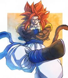  1boy blue_eyes blue_sash body_fur dragon_ball dragon_ball_gt gogeta highres kouji08250 long_hair looking_at_viewer male_focus metamoran_vest monkey_boy monkey_tail muscular muscular_male pants pectorals red_hair saiyan sash solo spiky_hair super_saiyan super_saiyan_4 tail vest white_pants 