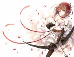  1girl blue_eyes bow_(weapon) breasts brown_hair cleavage dress gauntlets hair_ornament holding long_hair looking_at_viewer original petals solo weapon white_dress wind yon_(letter) 