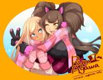  2girls ;) agawa_ryou animal_ears blonde_hair blue_eyes blush bow breasts brown_hair cat_ears dark_skin earmuffs fake_animal_ears gloves hair_bow hug large_breasts mai_pochi mii_nyasu mittens multiple_girls one_eye_closed original paw_gloves scarf smile two_side_up v winter_clothes yellow_eyes 