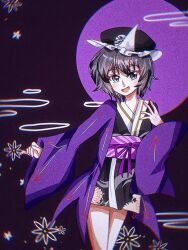  1other adapted_costume akddk263go69975 androgynous arrow_print black_hat black_kimono circlet coattails commentary cowboy_shot dress floral_print frilled_headwear grey_eyes hair_between_eyes hand_on_own_shoulder happy hat jacket japanese_clothes kimono kimono_dress len'en light_blush long_sleeves looking_at_viewer mob_cap obi open_clothes open_jacket open_mouth other_focus print_jacket print_kimono purple_background purple_hair purple_jacket purple_ribbon purple_sash ribbon sash shitodo_kuroji short_dress short_hair sleeves_past_wrists smile smoke solo standing symbol-only_commentary thighs triangular_headpiece tsurime waist_ribbon wide_sleeves 