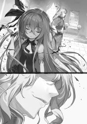  1boy 1girl :< armlet belt bow bowtie buta_koushaku chair close-up closed_eyes closed_mouth clothing_cutout cowboy_shot crossed_bangs curtains dress faceless faceless_male floor gloves greyscale hair_between_eyes hair_bow half-jacket hand_on_own_hip hand_up highres indoors jacket jewelry long_hair long_sidelocks loony_blow monochrome multiple_views nanatrij_(buta_koushaku) nauribon non-web_source novel_illustration official_art open_hand pants parted_lips ponytail portrait profile sidelocks sleeveless sleeveless_dress smile standing stomach_cutout tile_floor tiles upper_body v-shaped_eyebrows very_long_hair very_long_sidelocks window 