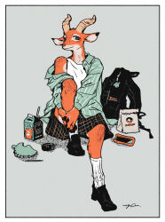  1boy animal_crossing antelope_boy antelope_ears antelope_horns backpack bag beau_(animal_crossing) black_shoes cellphone character_name closed_mouth english_commentary furry furry_male green_jacket jacket looking_at_viewer male_focus nagabe notebook pencil phone shirt shoes signature sleeveless sleeveless_shirt smartphone smile socks tank_top white_shirt white_socks white_tank_top 