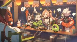 anby_demara animal_ears billy_kid general_chop_(zenless_zone_zero) long_hair multiple_boys multiple_girls nekomiya_mana nicole_demara ramen short_hair zenless_zone_zero