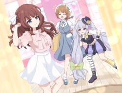  3girls :3 :d ahoge assault_lily asymmetrical_legwear bag beret black_bow black_hat black_shorts black_vest blue_bow blue_eyes blurry blurry_background bobby_socks bow bowtie braid braided_ponytail breasts brown_hair closed_eyes closed_mouth commentary_request commission crop_top curtains dress flower frilled_shirt frills futagawa_fumi green_bow grey_dress grey_hair grey_shoes hair_bow hair_ribbon half-closed_eyes hand_on_own_chin hand_on_own_hip handbag hands_up hat hat_bow hat_flower hat_ribbon high-waist_skirt highres indoors kaede_johan_nouvel kneehighs leaning_forward long_hair looking_at_another looking_at_viewer mary_janes medium_breasts midriff mini_hat mini_top_hat miniskirt miriam_hildegard_von_gropius multiple_girls navel neckerchief notice_lines official_alternate_costume open_mouth piatin pinafore_dress pink_bow pink_bowtie pink_shirt puffy_short_sleeves puffy_shorts puffy_sleeves purple_ribbon purple_shorts raised_eyebrows ribbon shirt shoes shopping_bag short_sleeves shorts shoulder_bag sidelocks single_braid skeb_commission skirt sleeveless sleeveless_dress smile socks standing striped_clothes striped_thighhighs thigh-highs tilted_headwear top_hat two-tone_shorts uneven_legwear very_long_hair vest violet_eyes wavy_hair white_ribbon white_shirt white_shoes white_skirt white_thighhighs wrist_cuffs yellow_flower yellow_neckerchief yellow_socks 