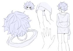  1other absurdres bad_source barcode barcode_tattoo black_eyes blue_hair chibi chibi_inset choker collarbone feet_out_of_frame flat_color from_above from_below highres indie_virtual_youtuber leg_tattoo messy_hair multiple_views nape no_jacket official_art oversized_clothes shirt short_hair shorts sketch sleeves_past_fingers sleeves_past_wrists smile solid_circle_pupils tattoo white_shirt white_shorts yukue_fumei 