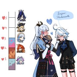 6+girls aiming aiming_at_viewer ascot bakeryowl black_gloves black_shorts black_vest blonde_hair blue_ascot blue_dress blue_eyes blue_hair blue_hat blue_shirt blush clorinde_(genshin_impact) closed_eyes commentary cup dress earrings english_commentary french_text furina_(genshin_impact) genshin_impact gloves grey_eyes gun hand_fan hat hat_feather heart highres holding holding_cup holding_fan holding_gun holding_weapon jewelry kamisato_ayaka kiss kiss_meter_(meme) kissing_hand long_hair mavuika_(genshin_impact) meme multiple_girls navia_(genshin_impact) open_mouth ponytail purple_hair red_eyes red_hair shirt shorts simple_background smile speech_bubble teacup thigh_strap vest weapon white_background white_gloves white_hair yumemizuki_mizuki yuri 