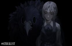  1girl ateri_illust bird chainsaw_man death_devil_(chainsaw_man) dress earrings fami_(chainsaw_man) fourth_east_high_school_uniform grey_hair guillotine_devil_(chainsaw_man) jewelry mole mole_under_eye mole_under_mouth multiple_moles neck_ribbon pigeon pinafore_dress ribbon ringed_eyes school_uniform shirt short_hair simple_background sleeveless sleeveless_dress tassel tassel_earrings white_shirt 