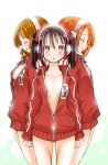  3girls black_hair blush bow brown_hair closed_eyes collarbone cowboy_shot hair_bow headphones holding_hands hoshizora_rin koizumi_hanayo looking_at_viewer love_live!_school_idol_project multiple_girls orange_hair pink_eyes short_hair smile sogabe_toshinori track_jacket twintails unzipped yazawa_nico 