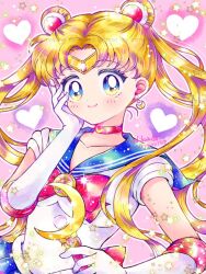  1girl bishoujo_senshi_sailor_moon blonde_hair blue_eyes breasts collarbone crescent crescent_earrings double_bun earrings hair_bun heart holding holding_wand hoshikuzu_(milkyway792) jewelry magical_girl pink_background sailor_moon shirt simple_background solo upper_body wand white_shirt 