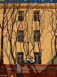  2girls ankle_boots barred_window baseball_cap black_hair black_pants blonde_hair blue_pants boots brown_boots building day fence guitar hat indian_style instrument jiemoxia layered_sleeves long_sleeves looking_at_another multiple_girls open_mouth original outdoors pants playing_games red_hat scenery shadow shirt short_hair short_over_long_sleeves short_sleeves sidelocks sitting smile t-shirt tree watermark white_shirt wide_shot window wooden_fence 