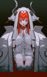  1girl absurdres albino_(a1b1n0623) blue_eyes chain colored_fingertips curled_horns dragon_girl dragon_horns dragon_tail dress elizabeth_bathory_(fate) elizabeth_of_the_end_(fate) fate/grand_order fate_(series) finger_cots fishnets_over_socks highres horns long_hair looking_at_viewer praying red_hair solo tail two_side_up veil white_dress white_headdress white_veil 