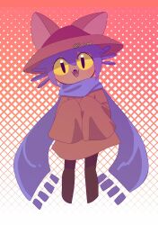 1other :3 androgynous animal_hat black_eyes brown_coat brown_hat cat_hat check_commentary child coat colored_sclera commentary_request dot_nose fangs hat highres ja6m6 light_blush long_scarf long_sleeves looking_at_viewer medium_hair niko_(oneshot) oneshot_(game) open_mouth other_focus own_hands_together purple_hair purple_scarf red_background scarf sleeves_past_fingers sleeves_past_wrists slit_pupils smile solo twitter_username yellow_sclera 