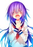  1girl blurry blush crying crying_with_eyes_open depth_of_field highres long_hair looking_at_viewer nekoboshi_sakko open_mouth original purple_hair school_uniform serafuku simple_background solo streaming_tears tears very_long_hair white_background 