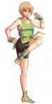  1girl alternate_costume ankle_socks barefoot bike_shorts brown_eyes brown_hair eyebrows fighting_stance fingerless_gloves gloves korean_clothes persona persona_4 satonaka_chie shining_dazzler short_hair solo standing_on_one_leg toeless_socks 