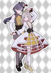  2girls argyle_background arm_up bare_shoulders black_corset black_shoes black_thighhighs blue_eyes bourei_(lvle_aqhs) ceras_yanagida_lilienfeld clothing_cutout commentary corset crinoline dress edel_note edelied full_body grey_background grey_hair hair_ornament highres jellyfish_cut katsuragi_izumi legwear_garter link!_like!_love_live! long_hair love_live! mary_janes multiple_girls official_alternate_costume shoes shoulder_cutout skirt socks symbol-only_commentary thigh-highs triangle_hair_ornament virtual_youtuber waltz_(dance) white_dress white_socks yellow_shoes yellow_skirt 