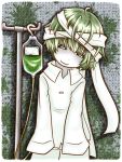  1boy aojiru_(yume_2kki) bandages green_eyes green_hair hamuya_kuzunoha. highres intravenous_drip pajamas pale_skin smile solo yume_2kki 