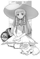  1girl absurdres alolan_vulpix bag braid closed_mouth commentary dress duffel_bag greyscale hat highres lillie_(pokemon) long_hair looking_at_viewer monochrome mr.thunderigor pokemon pokemon_(creature) pokemon_sm sitting sleeveless sleeveless_dress smile symbol-only_commentary twin_braids twitter_username yokozuwari 