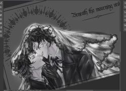  2boys ajsaart amon_(lord_of_the_mysteries) art_program_in_frame black_coat black_hair coat collared_shirt english_text greyscale hashtag-only_commentary highres klein_moretti looking_at_another lord_of_the_mysteries male_focus monochrome multiple_boys narrowed_eyes neck_ribbon ribbon screenshot shared_veil shirt short_hair smirk upper_body white_shirt 