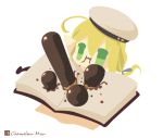  1girl ahoge blonde_hair book chameleon_man_(three) chibi glasses green_eyes hat i-8_(kantai_collection) kantai_collection long_hair looking_at_viewer pocky simple_background solo white_background 