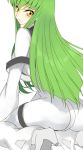  1girl ass bodysuit c.c. code_geass creayus from_behind green_hair kneeling looking_at_viewer solo white_background yellow_eyes 