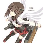  1girl amagai_tarou bike_shorts brown_eyes brown_hair character_name flat_chest headgear kantai_collection leaning_forward machinery skirt solo taihou_(kantai_collection) twitter_username white_background wings 